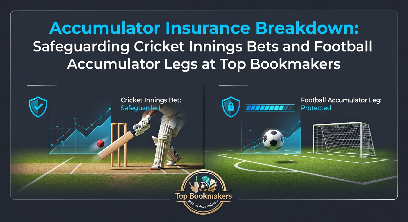 Graphic illustrating accumulator insurance payout on a cricket match with football acca legs in the background, showing a safety net over betting slips