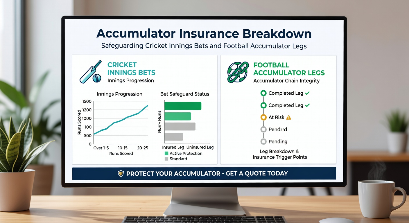 Split image of a cricket innings scoreboard narrowly missing a bet line next to a football match with one red leg crossed out but acca saved by insurance