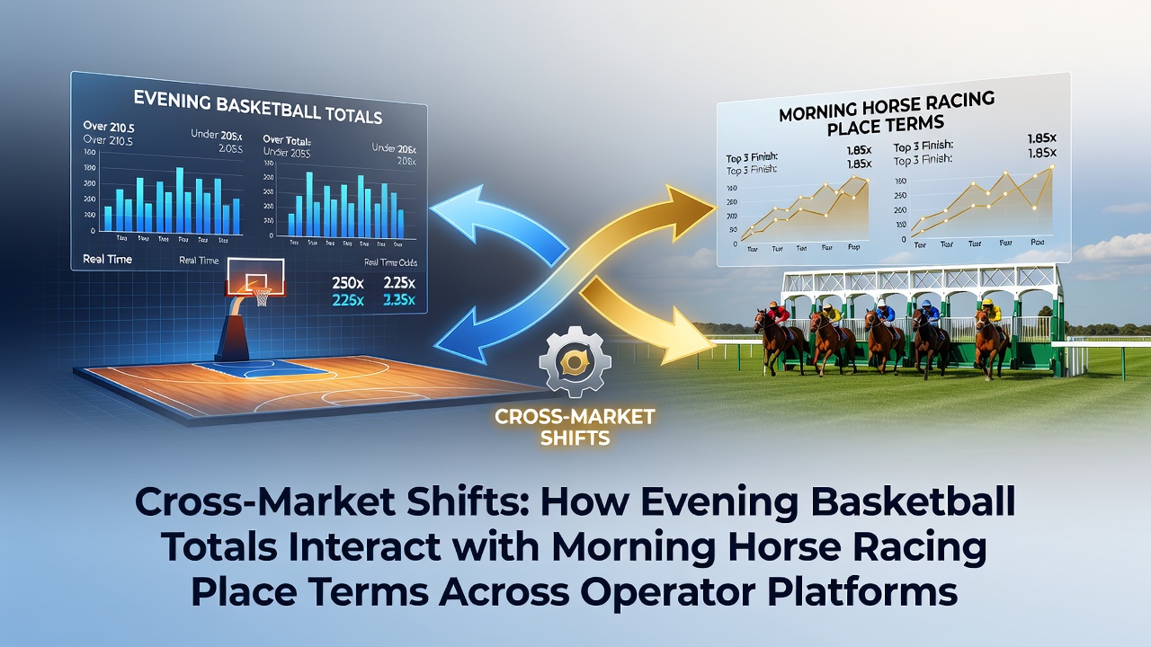 Evening basketball arena with betting screens showing totals alongside early morning horse racing venue displays