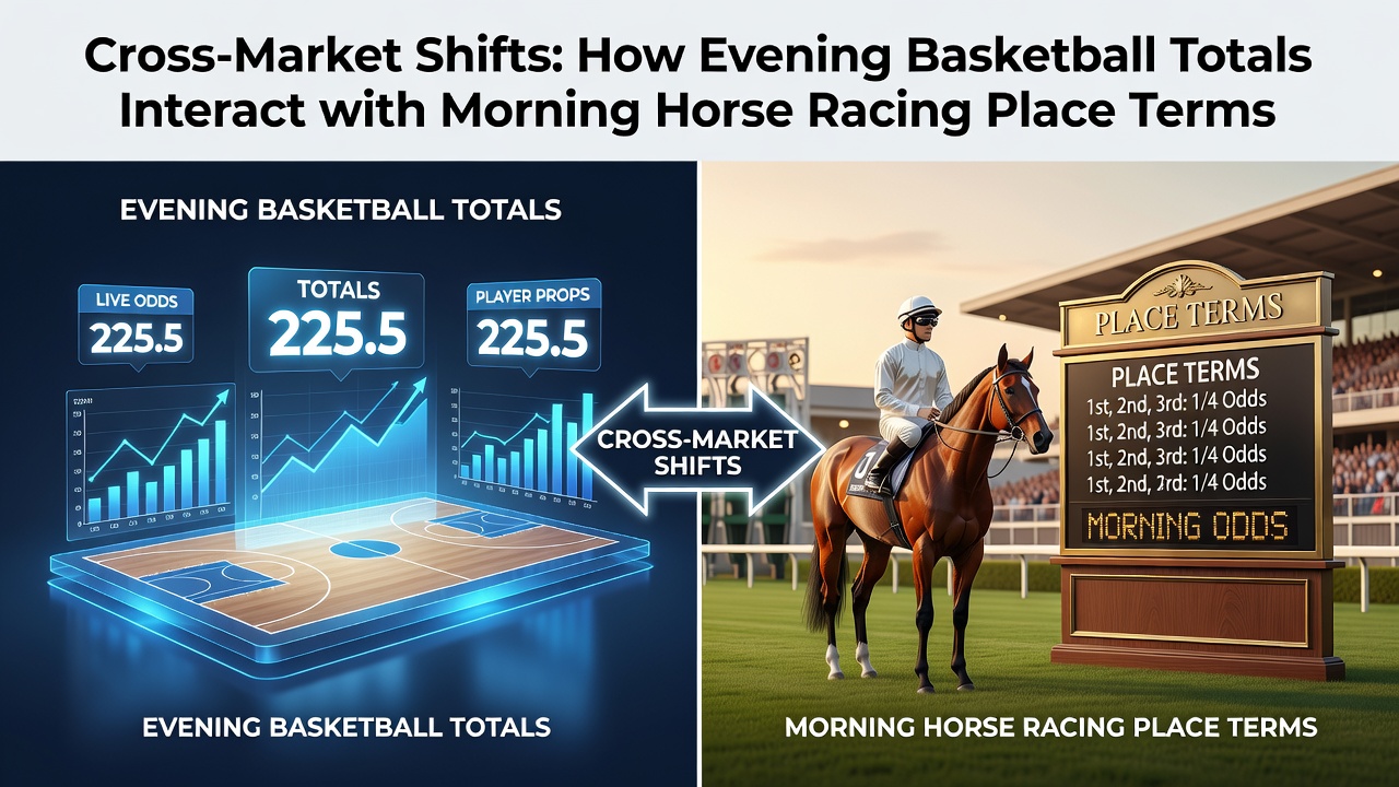 Split screen showing basketball scoreboard at night transitioning to horse racing odds board at sunrise on a single operator interface