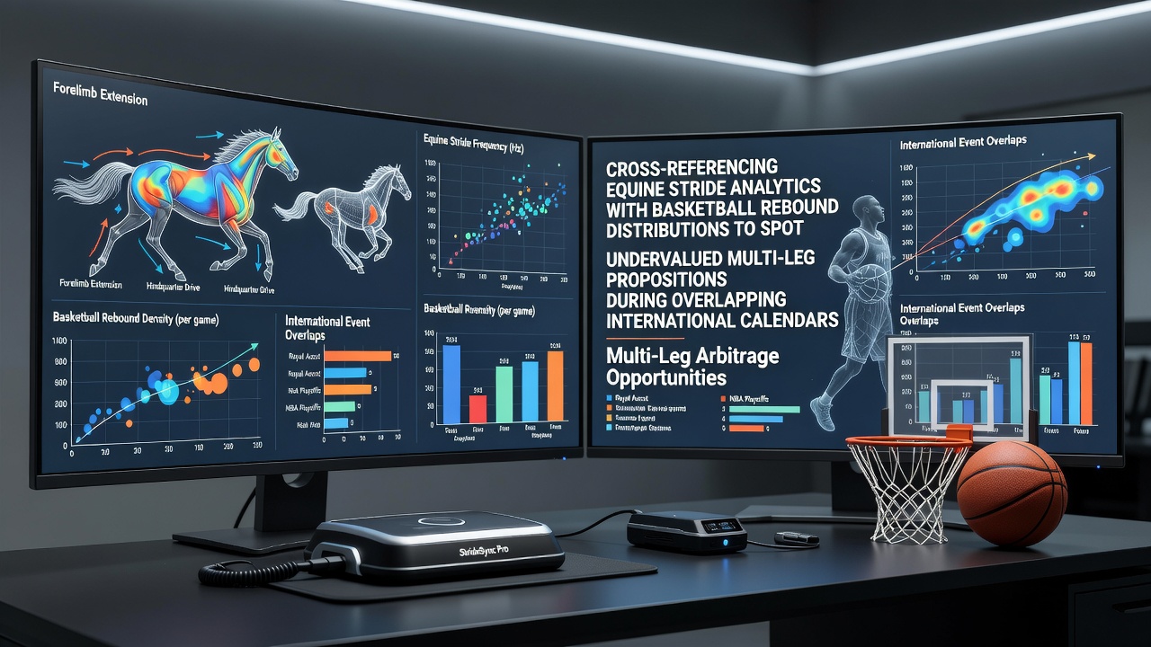 Equine stride sensors and basketball court data visualizations side by side during overlapping events
