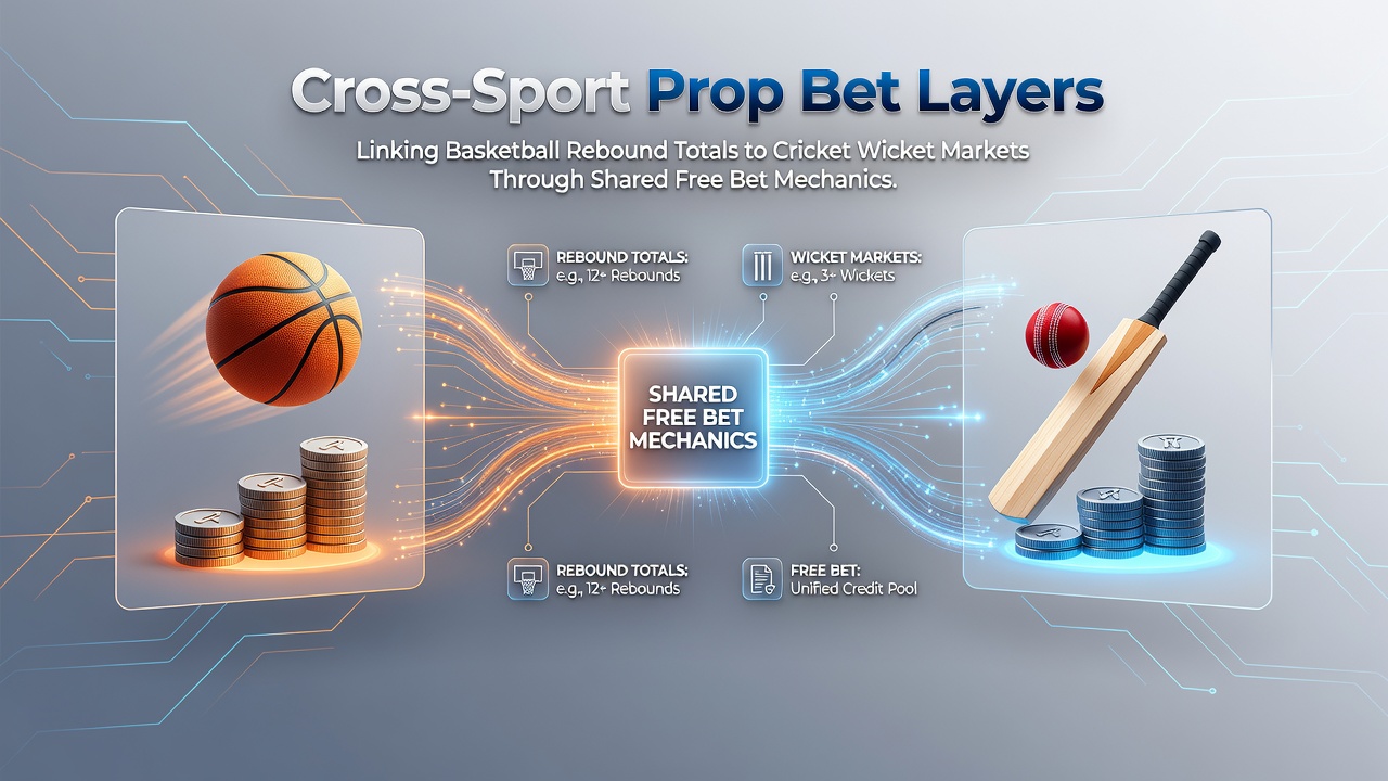 Illustration of cross-sport prop bet layers connecting basketball rebounds and cricket wickets through free bet systems