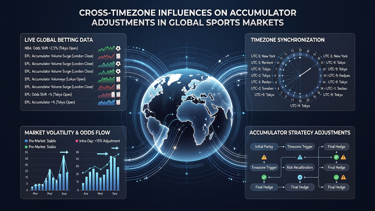 Sportsbook dashboard displaying accumulator bet adjustments with live data feeds from events in different global time zones