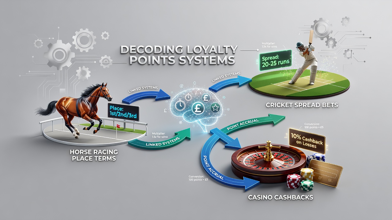 Loyalty points dashboard showing horse racing place terms alongside cricket spread bet options and casino cashback tiers