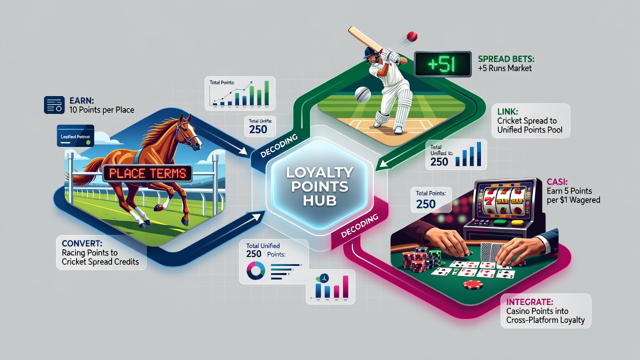 Flow diagram illustrating points transfer from horse racing place bets through cricket spreads to casino cashback redemptions