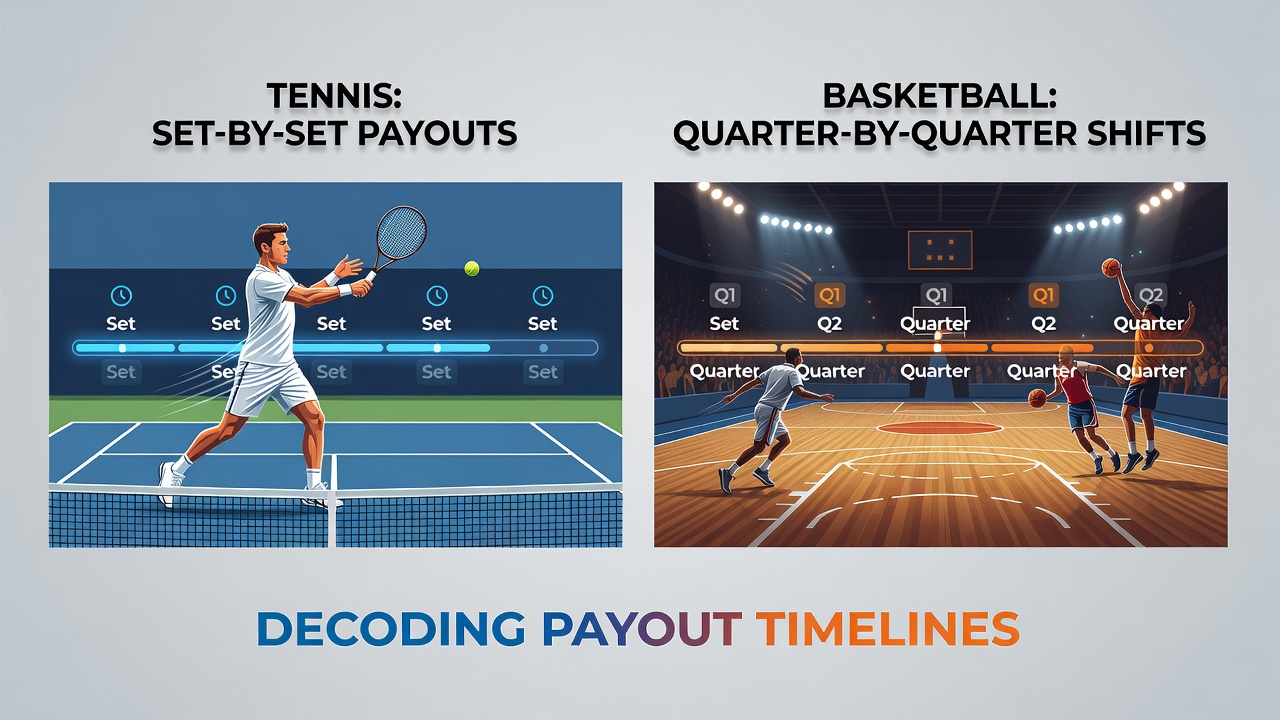Live betting interface showing tennis set completion and basketball quarter transitions side by side