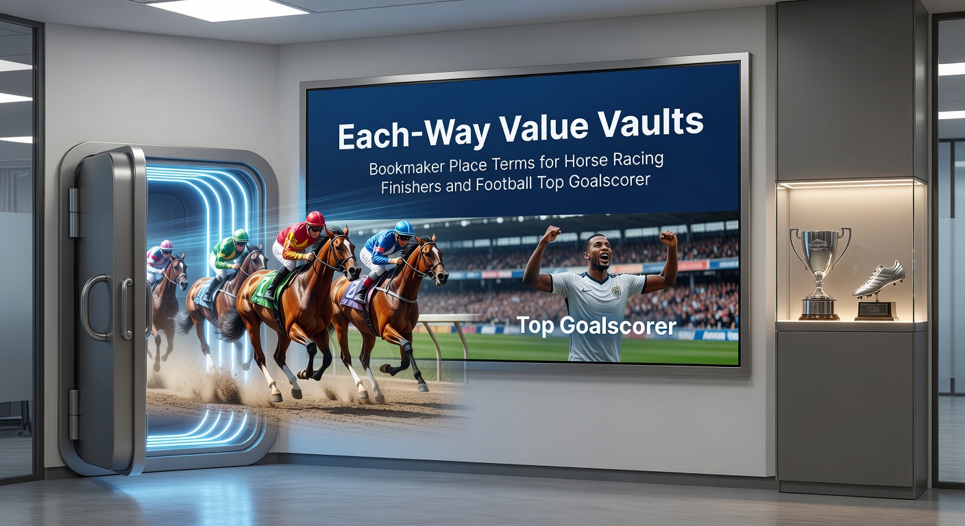 Football stadium scoreboard showing top scorers tied, with bookmaker apps open comparing each-way terms