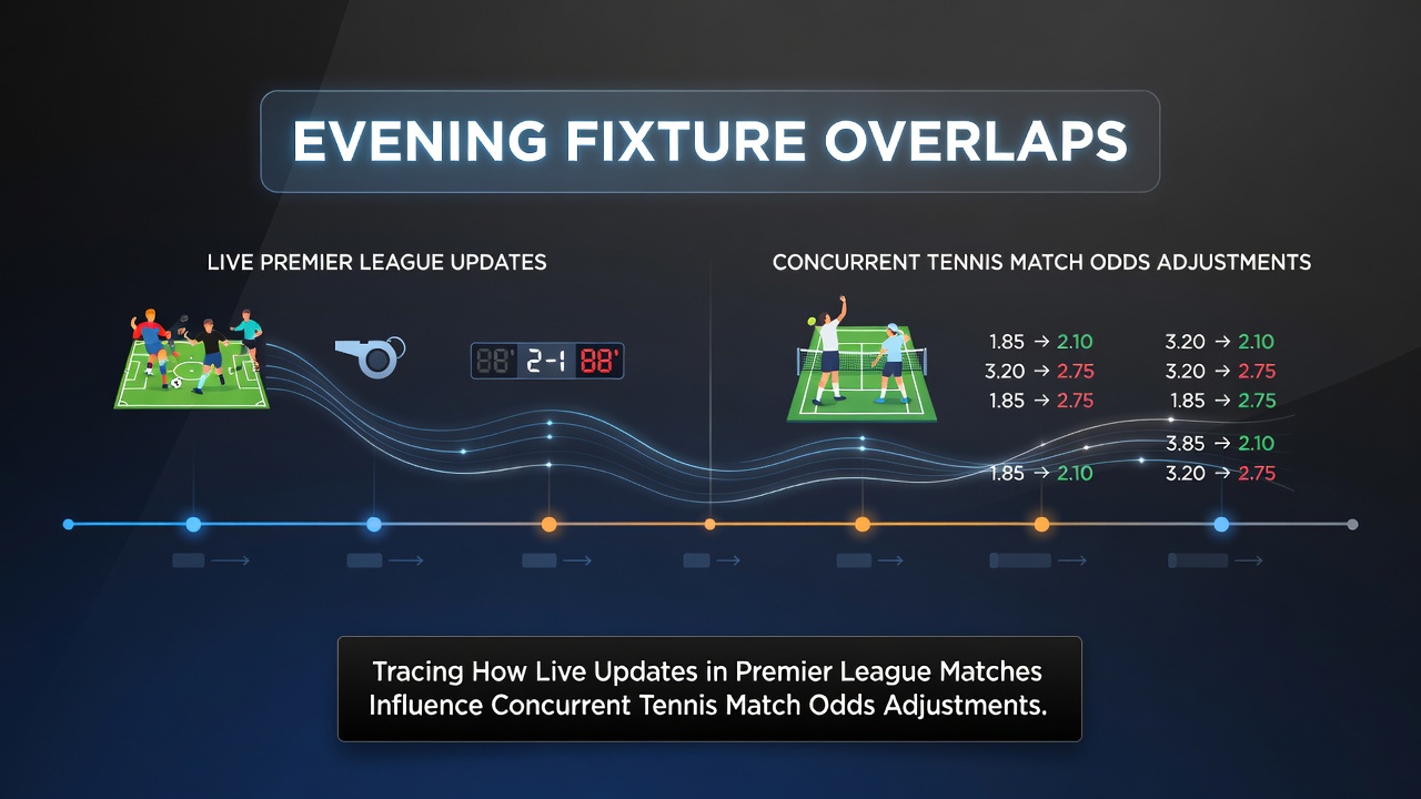 Premier League and tennis matches overlapping in evening schedules with live betting interfaces visible