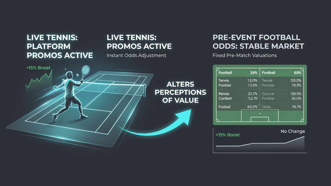 Betting platform interface displaying live tennis odds alongside promotional banners and bonus offers