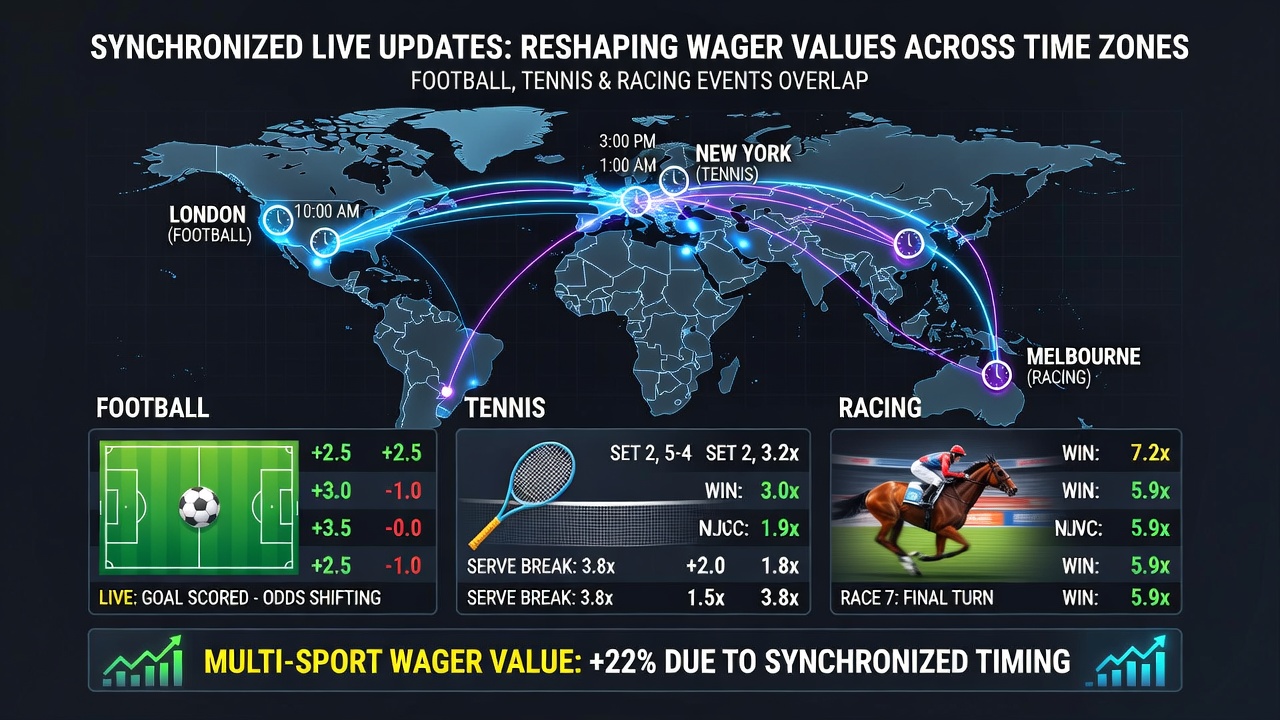 Global sports events overlapping across time zones with live betting interfaces showing football, tennis and horse racing odds