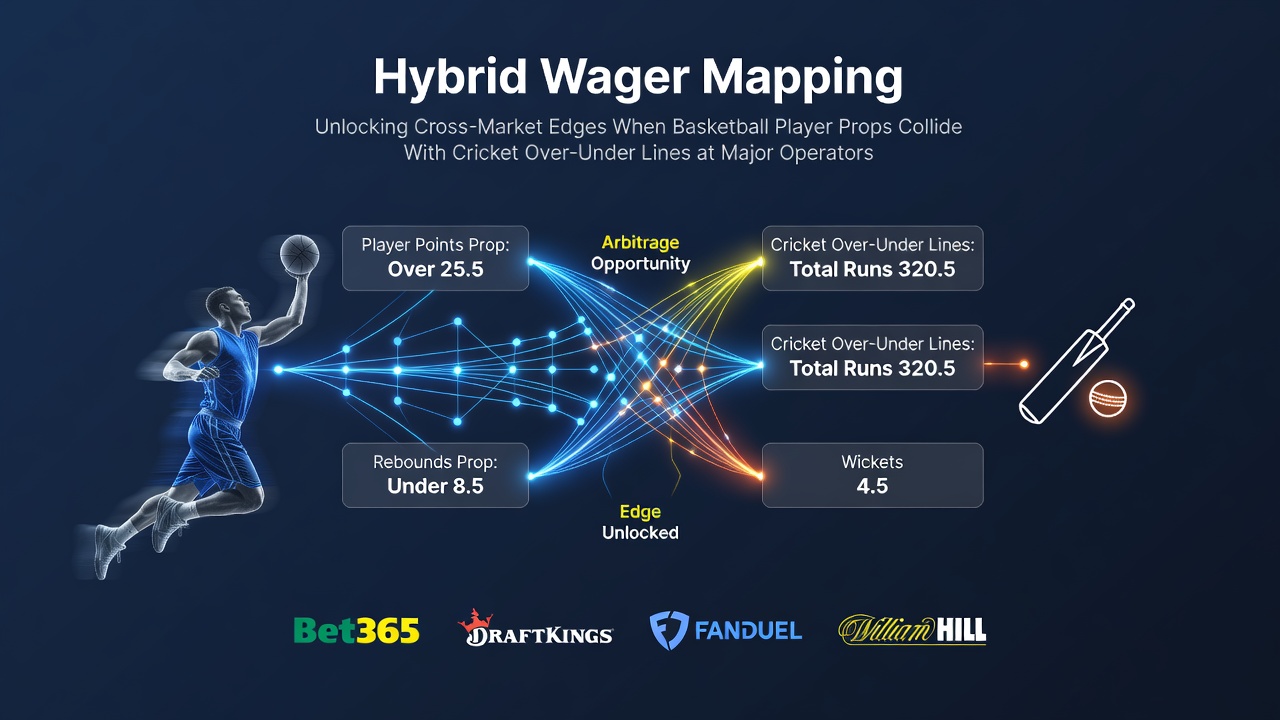 Illustration of overlapping basketball player props and cricket over-under lines on bookmaker platforms