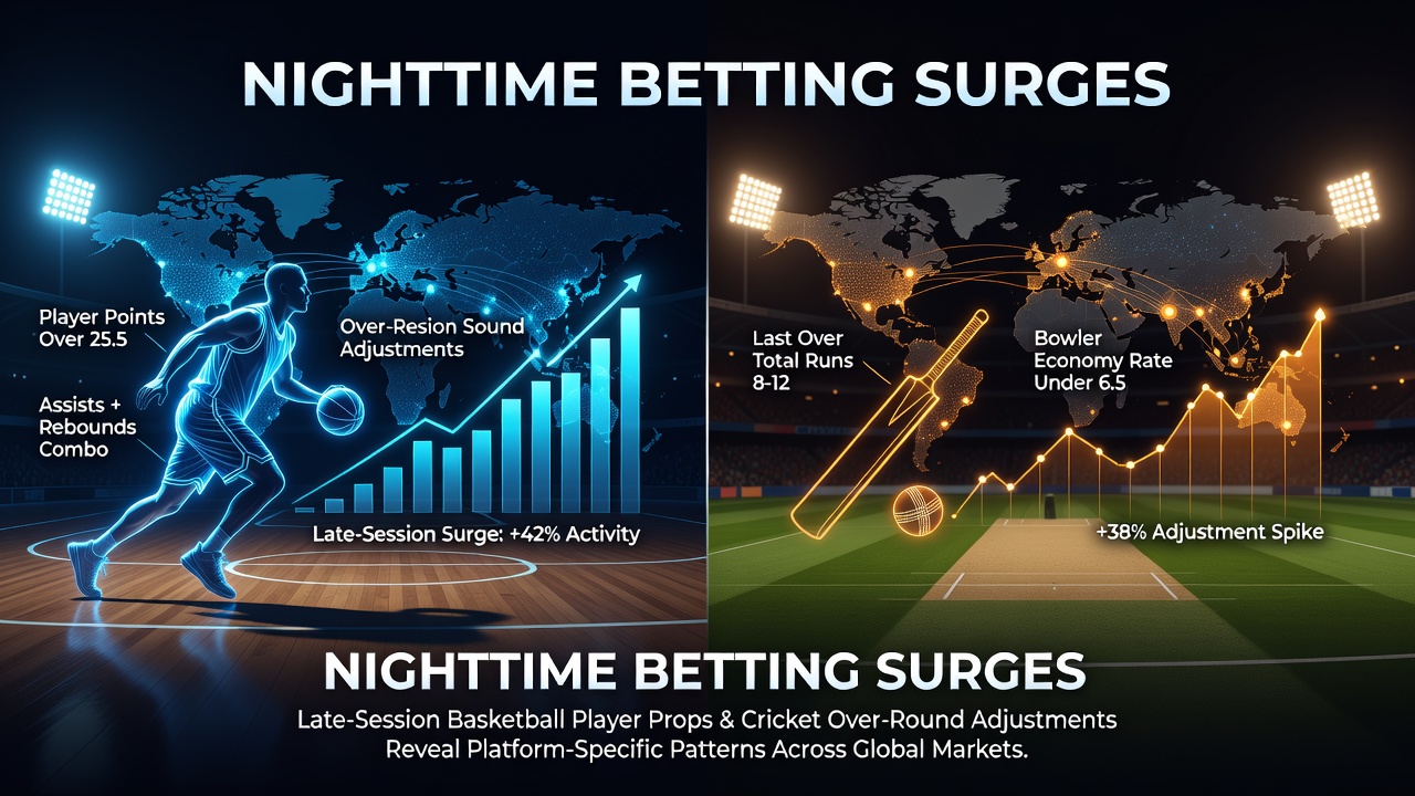 Nighttime betting activity on basketball and cricket platforms showing late-session player props and over-round adjustments