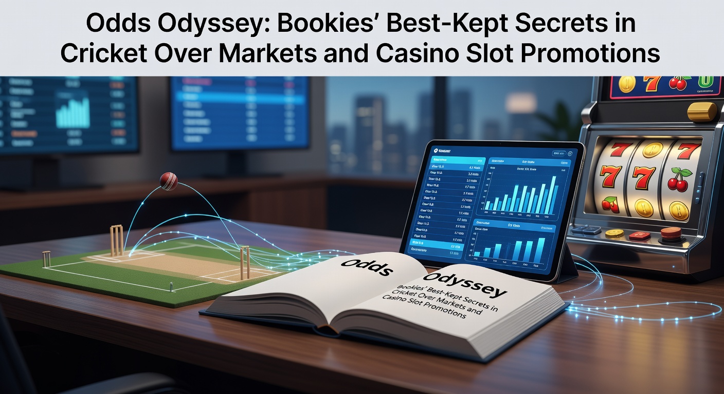 Cricket match in progress with scoreboard highlighting over/under totals, alongside casino slot machine lights flashing promotions