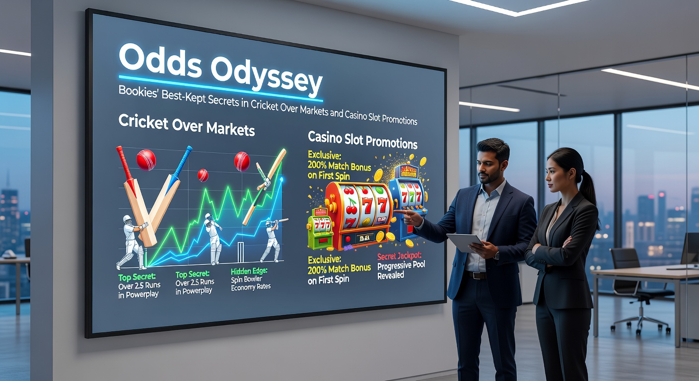 Casino slot reels spinning with promotional banners overlayed on a cricket betting interface showing over market odds