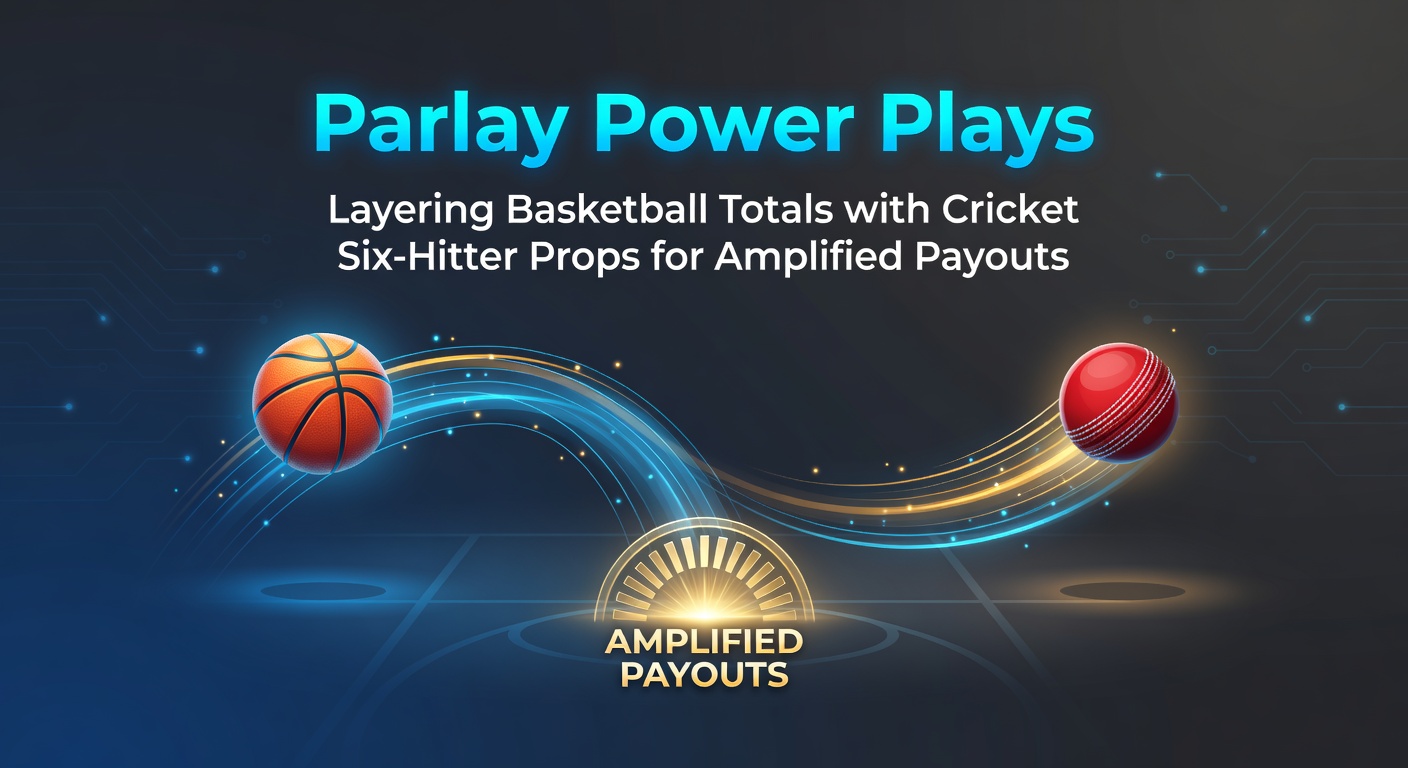 Dynamic graphic showing intertwined basketball hoops and cricket bats launching sixes, symbolizing layered parlay bets for boosted payouts