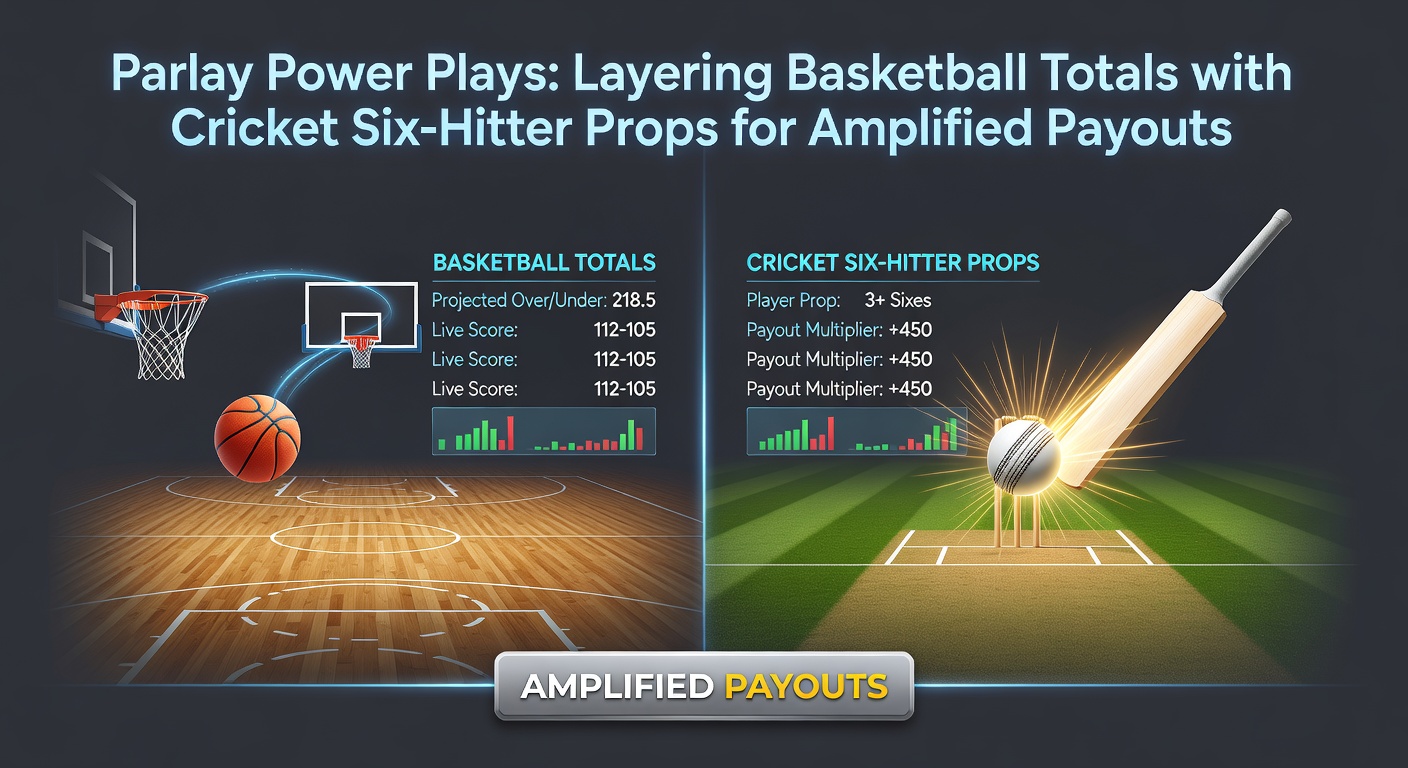 Close-up chart illustrating parlay odds progression from single basketball total to combined cricket prop layers, with payout multipliers highlighted