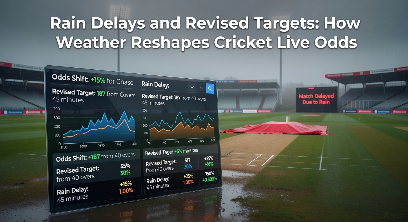 A cricket match paused under dark rain clouds, with covers on the pitch and players waiting in the pavilion, highlighting the impact of sudden weather interruptions on live betting odds