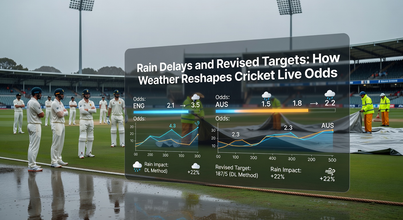 Graph showing live odds fluctuations during a rain delay in a T20 match, with lines spiking as DLS targets adjust and betting volumes surge