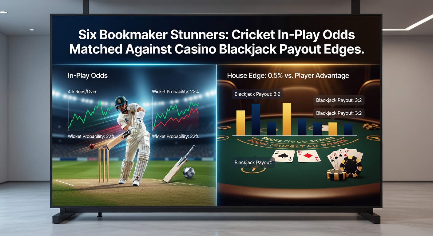 Dynamic cricket in-play betting screen showing live odds fluctuations during an IPL match, contrasted with a blackjack table layout highlighting payout structures