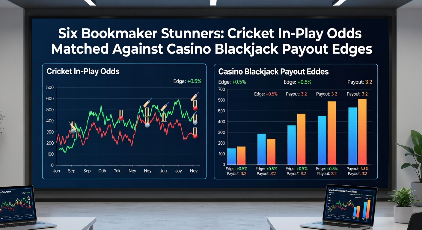 Split-view graphic comparing bookmaker in-play odds charts from a live cricket match against blackjack payout probability wheels, illustrating edge comparisons
