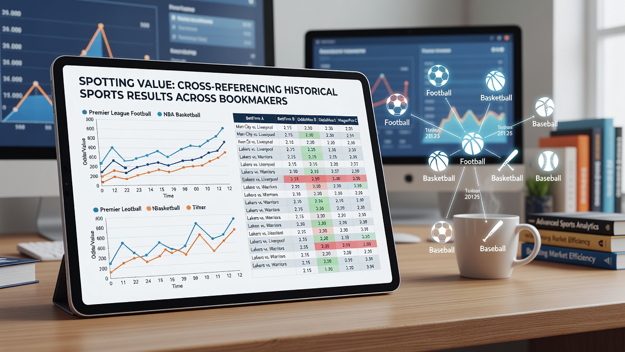 Sports bettors reviewing historical performance charts from football, tennis, and horse racing on multiple bookmaker platforms