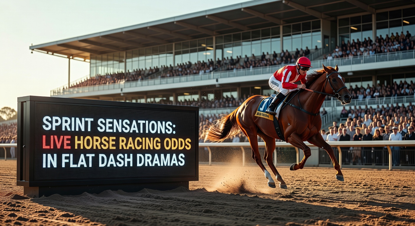 A high-speed flat sprint race with horses charging down the straight, jockeys urging them on amid flying dirt and tense crowd anticipation