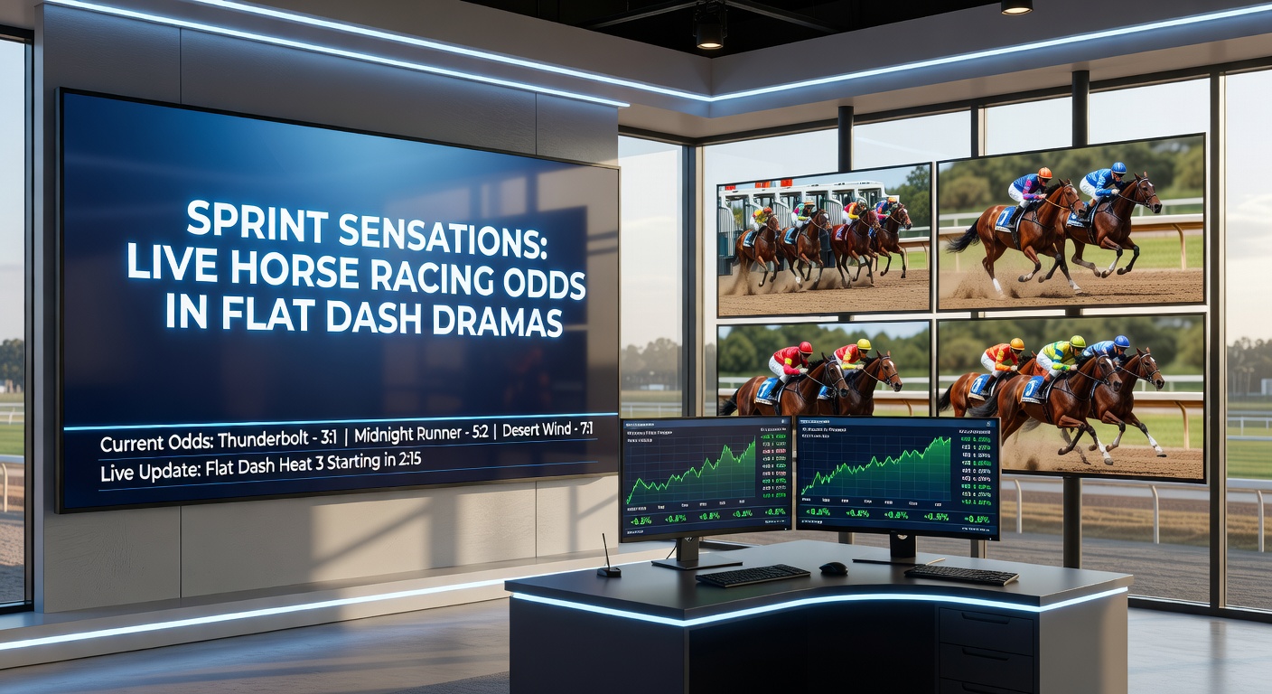 Jockeys locked in a fierce battle during a flat sprint finish, horses necks apart as the crowd roars and tote boards flicker with live odds changes