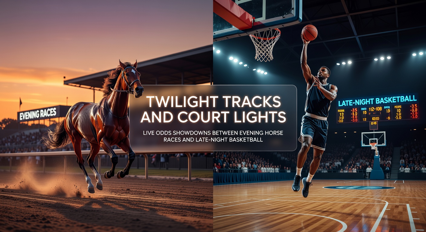 Twilight horse race with lights illuminating the track as jockeys race neck-and-neck under fading daylight